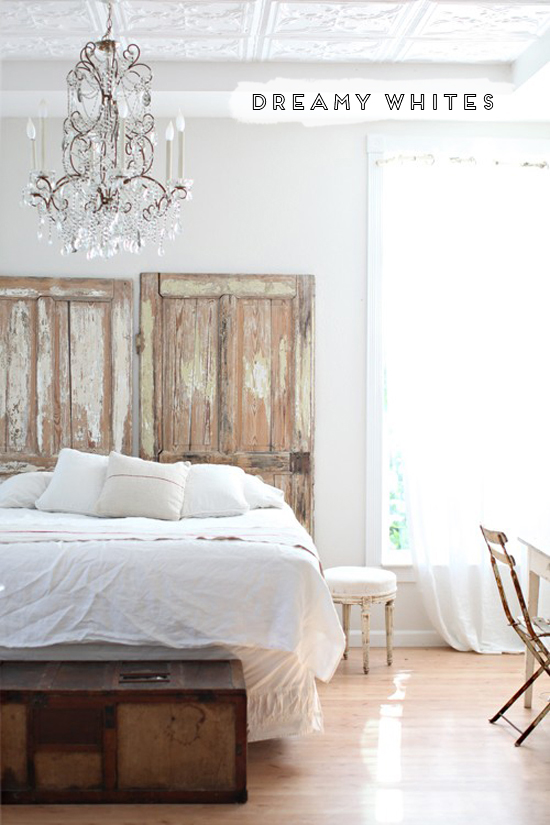 old doors as a headboard, dreamy whites, white bedroom, shabby chic