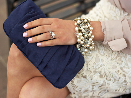 Pale nails, elegant outfit | At Home in Love elegant, clutch, lace, bracelet, pale pink nails, nail polish