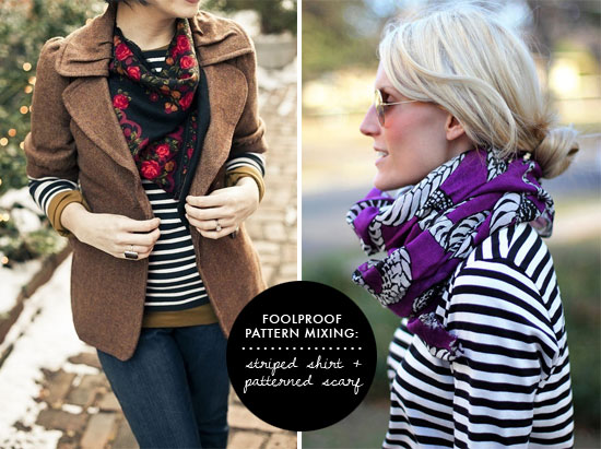 Foolproof pattern mixing: striped shirt + patterned scarf striped shirt and patterned scarf