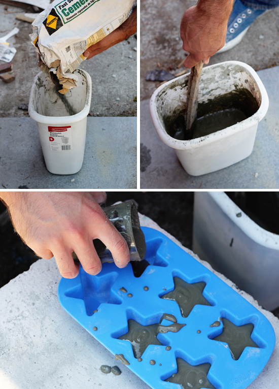 Pour cement in silicone molds to make DIY magnets