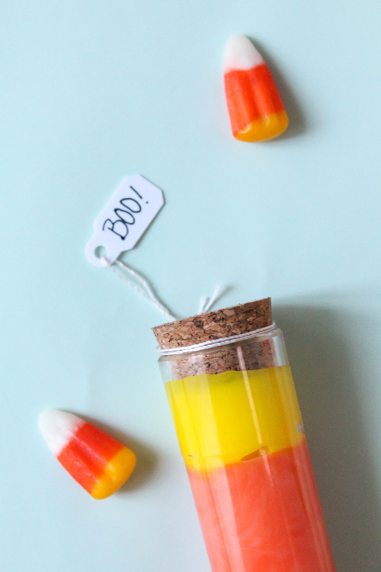 Quick and easy idea for Halloween: "candy corn" pudding treats in clear test tubes