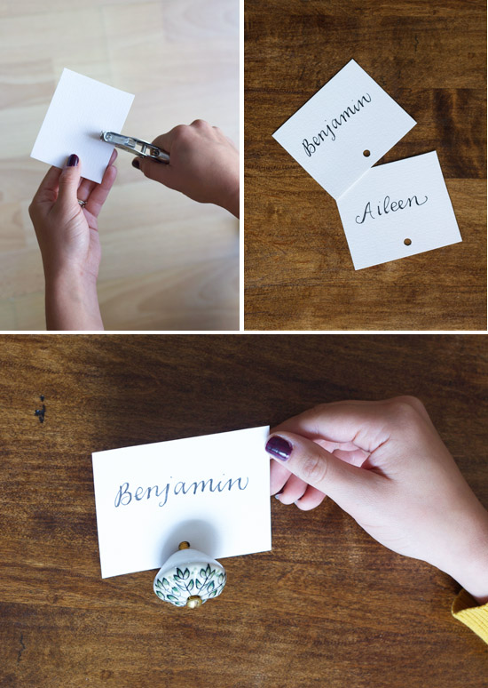DIY place card holders using drawer knobs