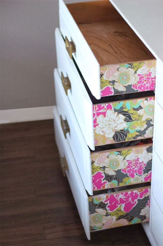 DIY wallpapered dresser drawers