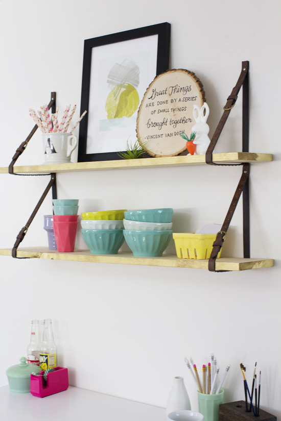 Colorful office with open shelves