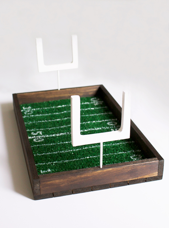 DIY football field tray with removable field goal handles and an artificial turf liner!