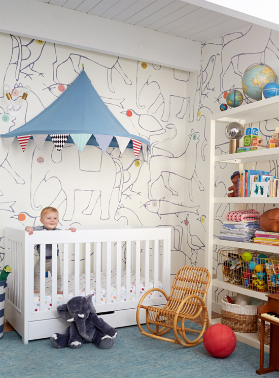 Whimsical nursery - love that wallpaper
