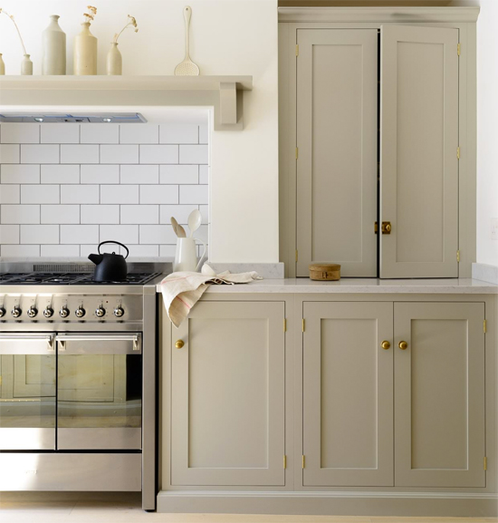 Greige Cabinets + Brass Hardware  Greige kitchen, White kitchen appliances,  Beige kitchen cabinets