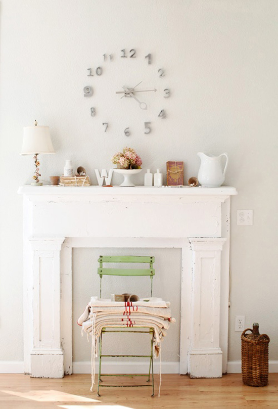 mantle, clock, shabby chic