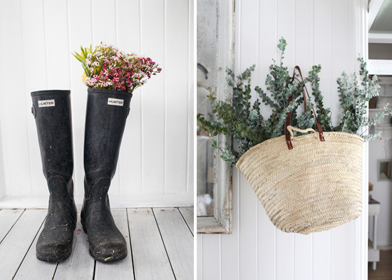 hunter boots, flowers, eucalyptus, garden