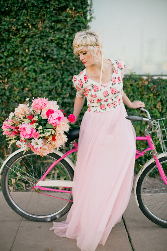 Pink bicycle shoot--the dress is a vintage prom dress with a cardigan on top!