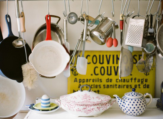 Hang pans and utensils from s-hooks in the kitchen