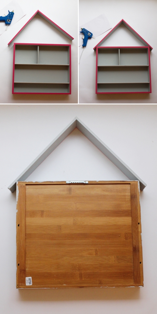 DIY craft storage house--made out of a flatware organizer and two pieces of wood