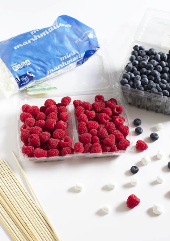 Supplies for American flag berry kabobs