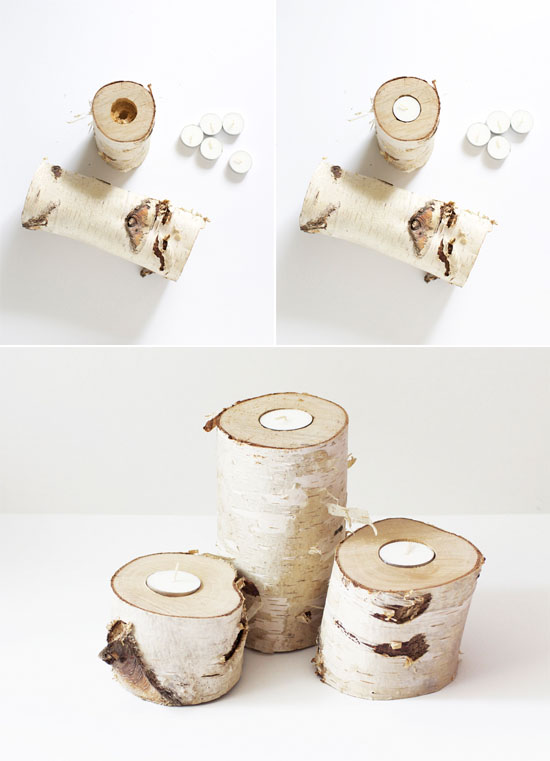 DIY birch log tea light holders