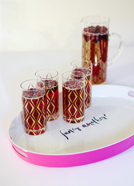 Cranberry fizz recipe + cute glassware and tray