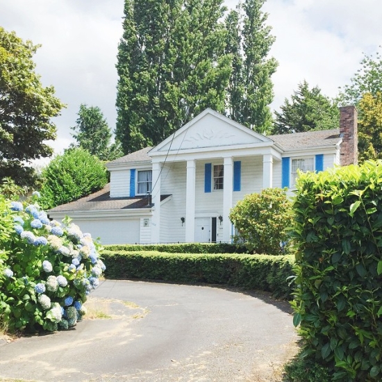 Lovely white house with blue shutters