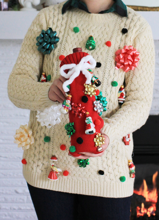 How to win your next ugly Christmas sweater contest: make a matching "sweater" for a bottle of wine.