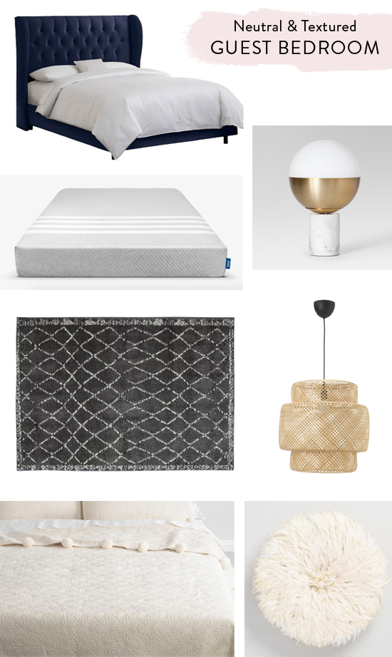 Neutral, textured guest bedroom - shopping sources