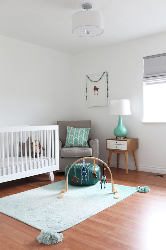 Emmett's nursery: Aqua, mint green, white, and wood