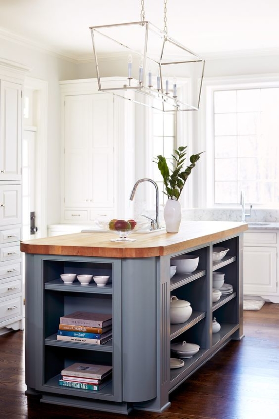 Linear pendants over the kitchen island